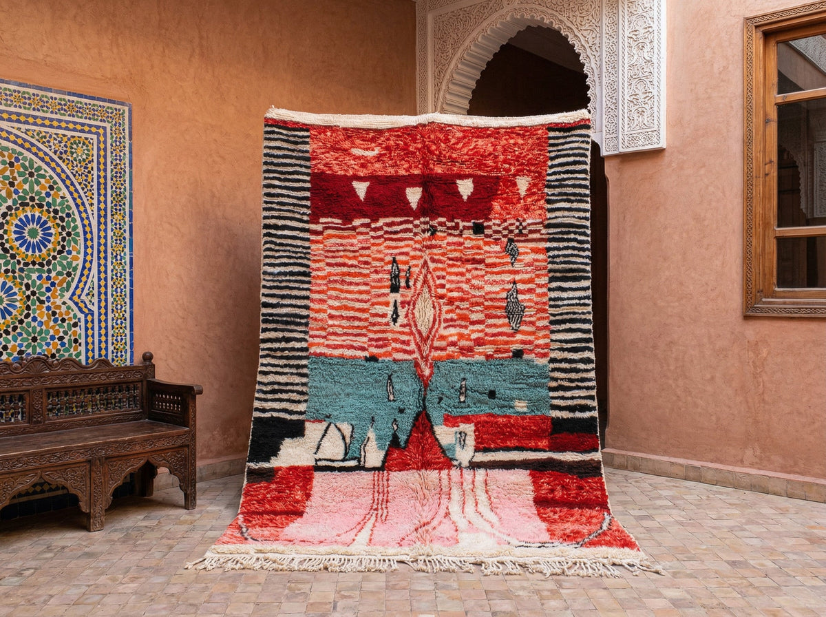 Multicolor, Red & Teal Figurative Geometric Custom Moroccan Rug - Africancreates