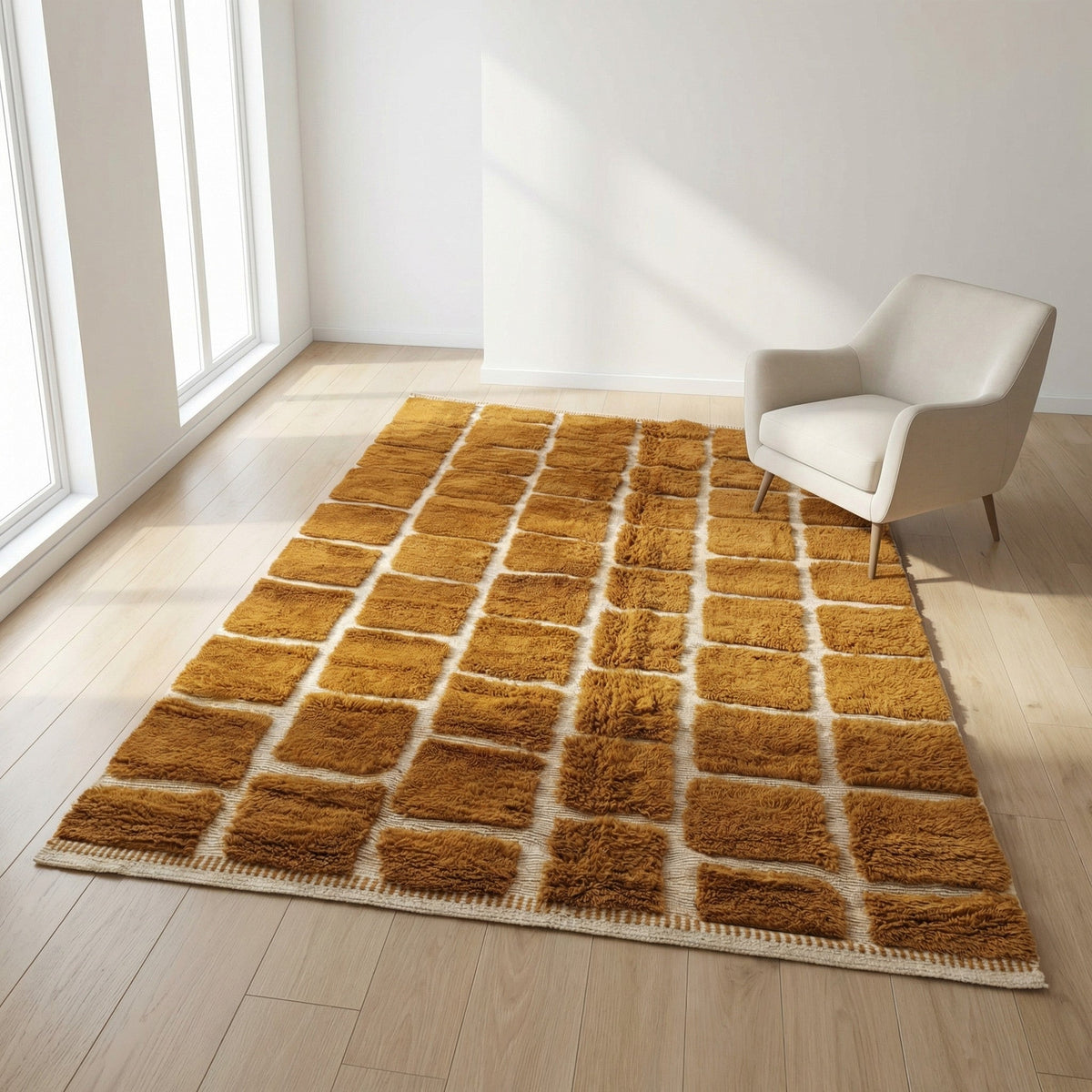Mustard & Cream Irregular Brick Grid Custom Moroccan Rug - Africancreates