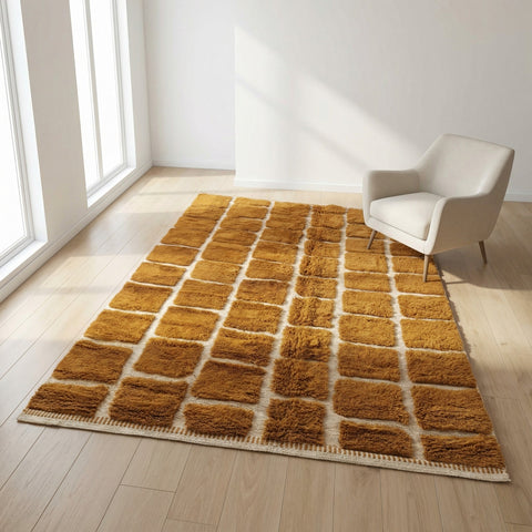 Mustard & Cream Irregular Brick Grid Custom Moroccan Rug - Africancreates