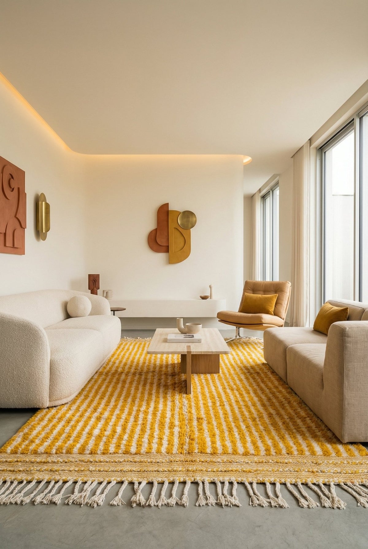 Lifestyle image of a mustard striped rug in a natural setting, showcasing Moroccan style.
