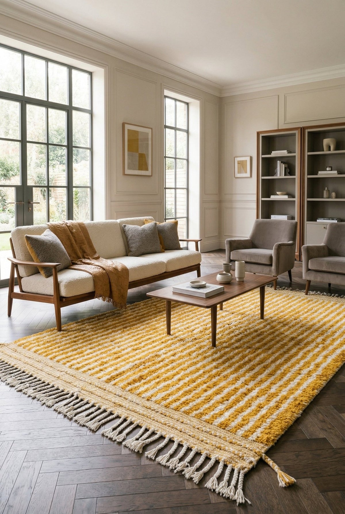 Lifestyle view of a mustard striped rug with brown and gray accents in a natural background.