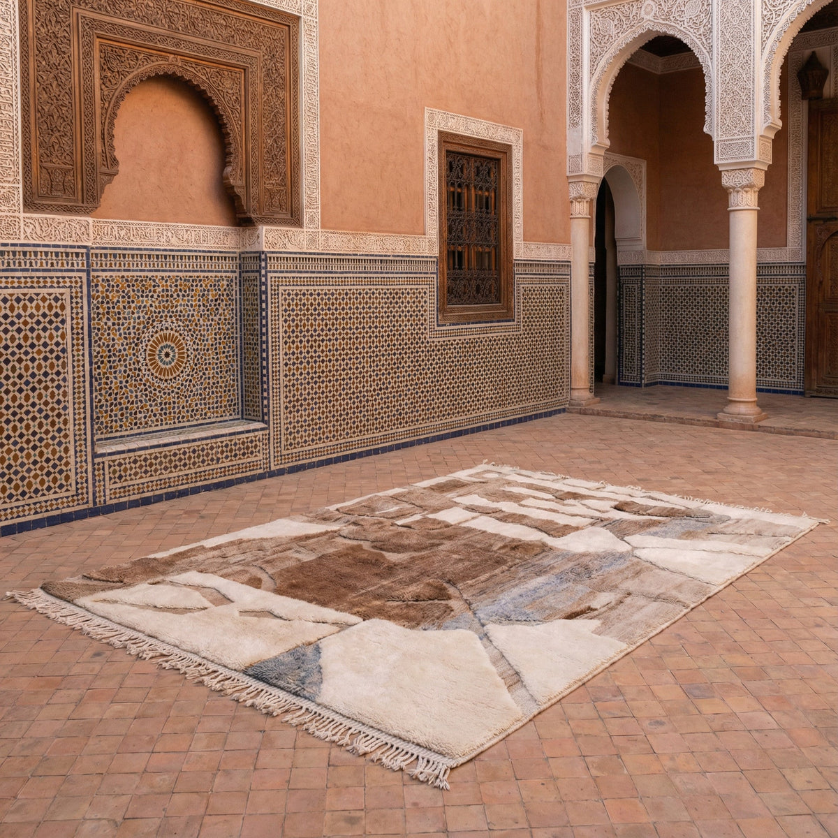 Natural Brown & Cream Fragmented Blocks Custom Moroccan Rug - Africancreates