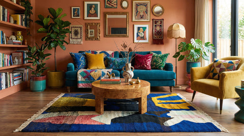 Navy, Black, Mustard & Pink Bold Abstract Custom Moroccan Rug - Africancreates