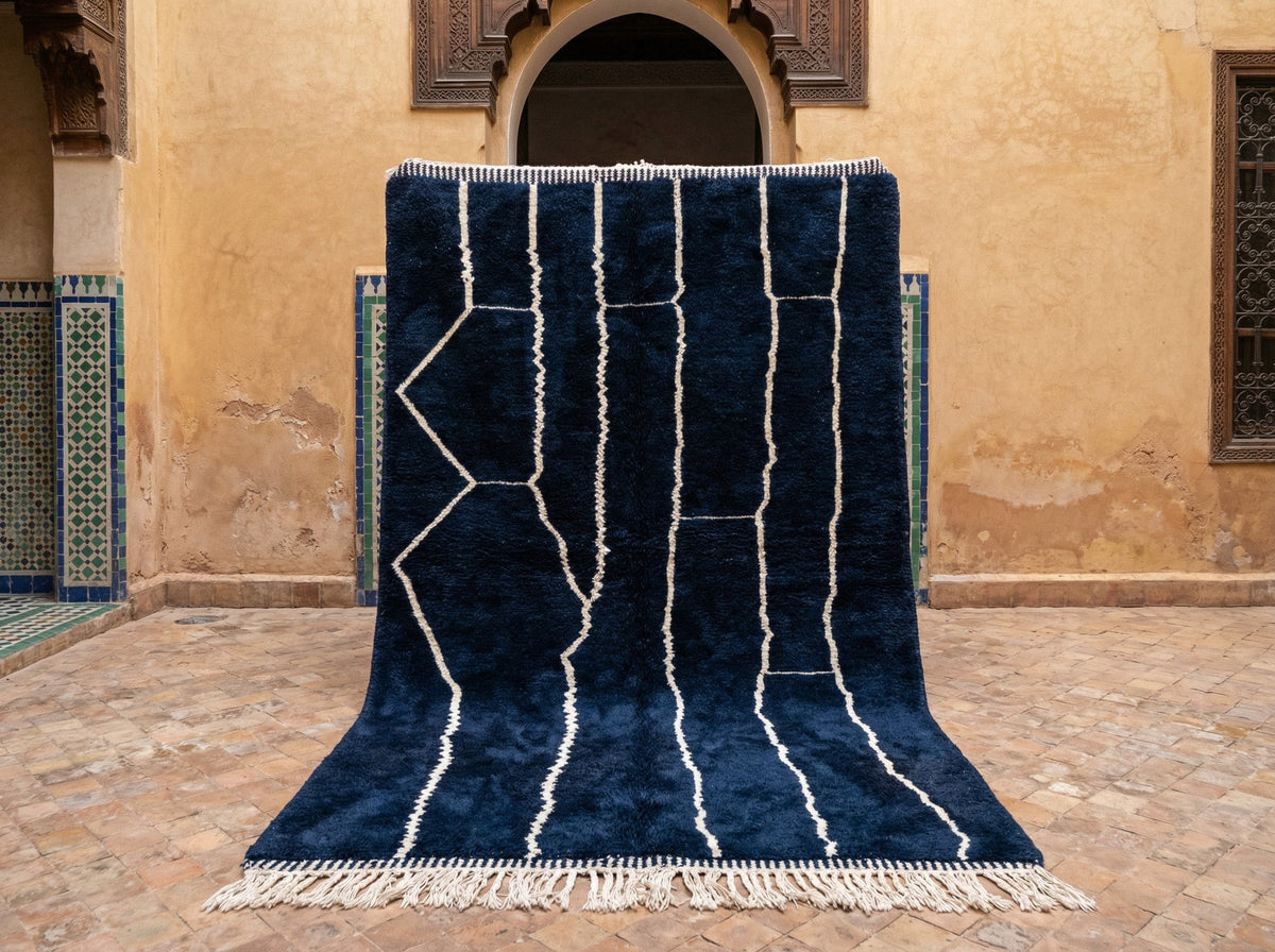 Navy & Cream Vertical Lines Left Zigzag Custom Moroccan Rug - Africancreates