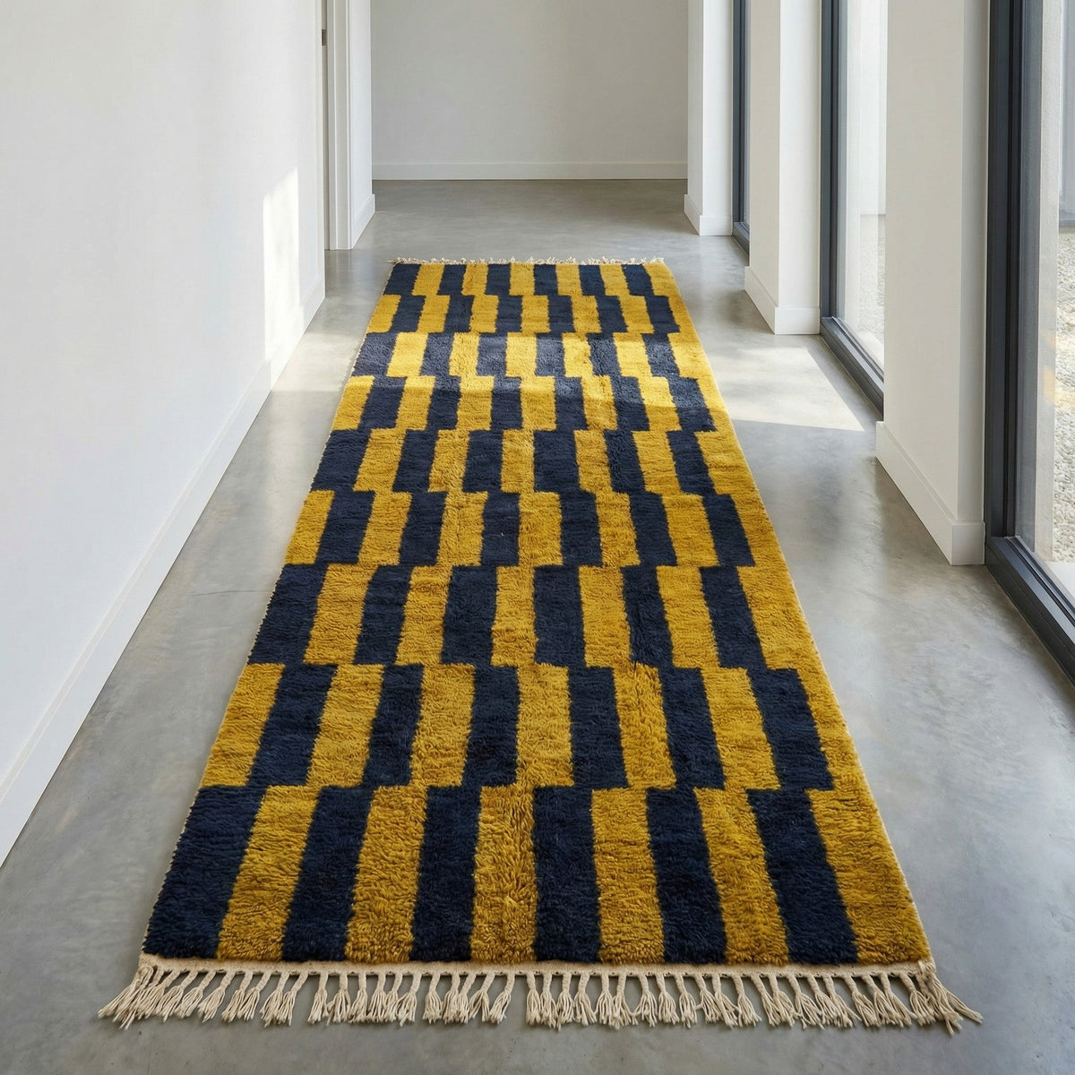 Navy & Mustard Offset Rectangle Runner Design Custom Moroccan Rug - Africancreates