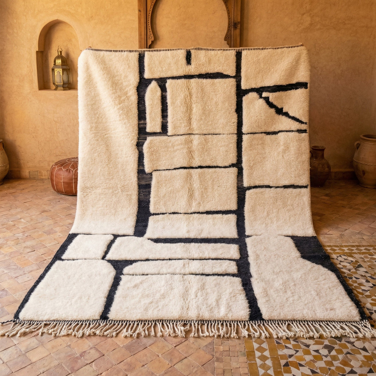 Off White & Navy Asymmetric Rectangular Grid Custom Moroccan Rug - Africancreates