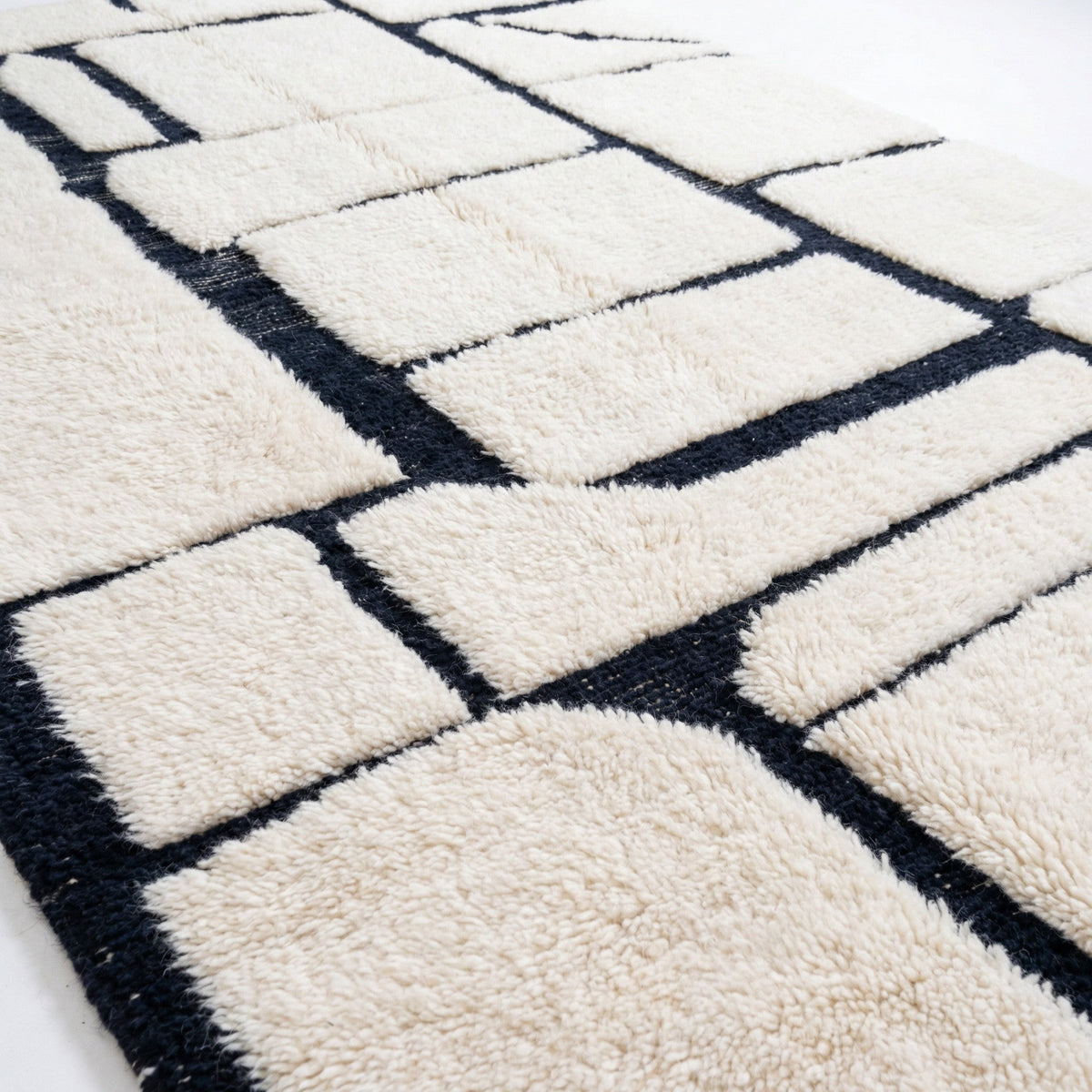 Off White & Navy Asymmetric Rectangular Grid Custom Moroccan Rug - Africancreates