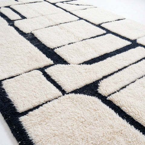 Off White & Navy Asymmetric Rectangular Grid Custom Moroccan Rug - Africancreates