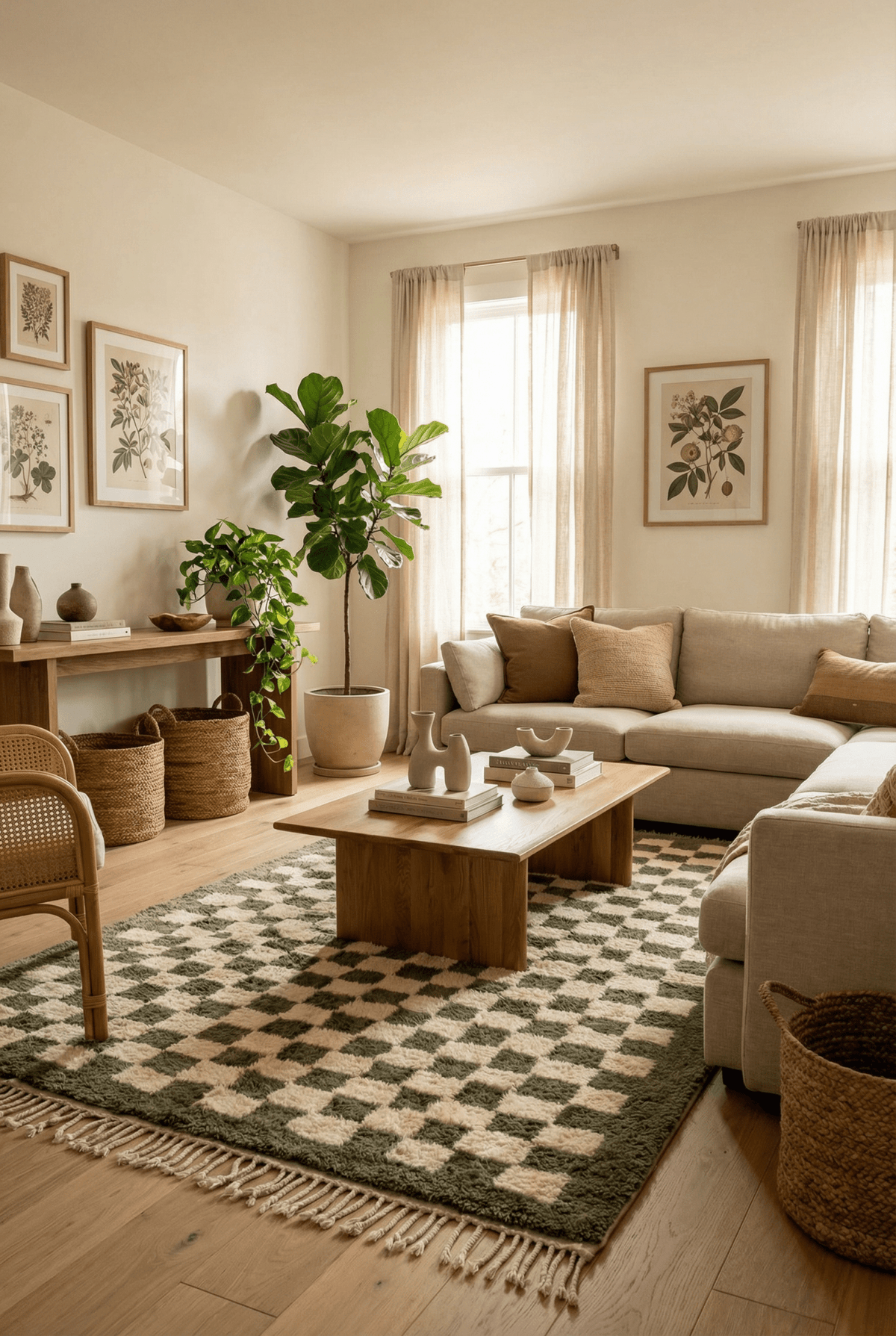 Lifestyle view of the olive green checkered rug with orange accents on a natural background.