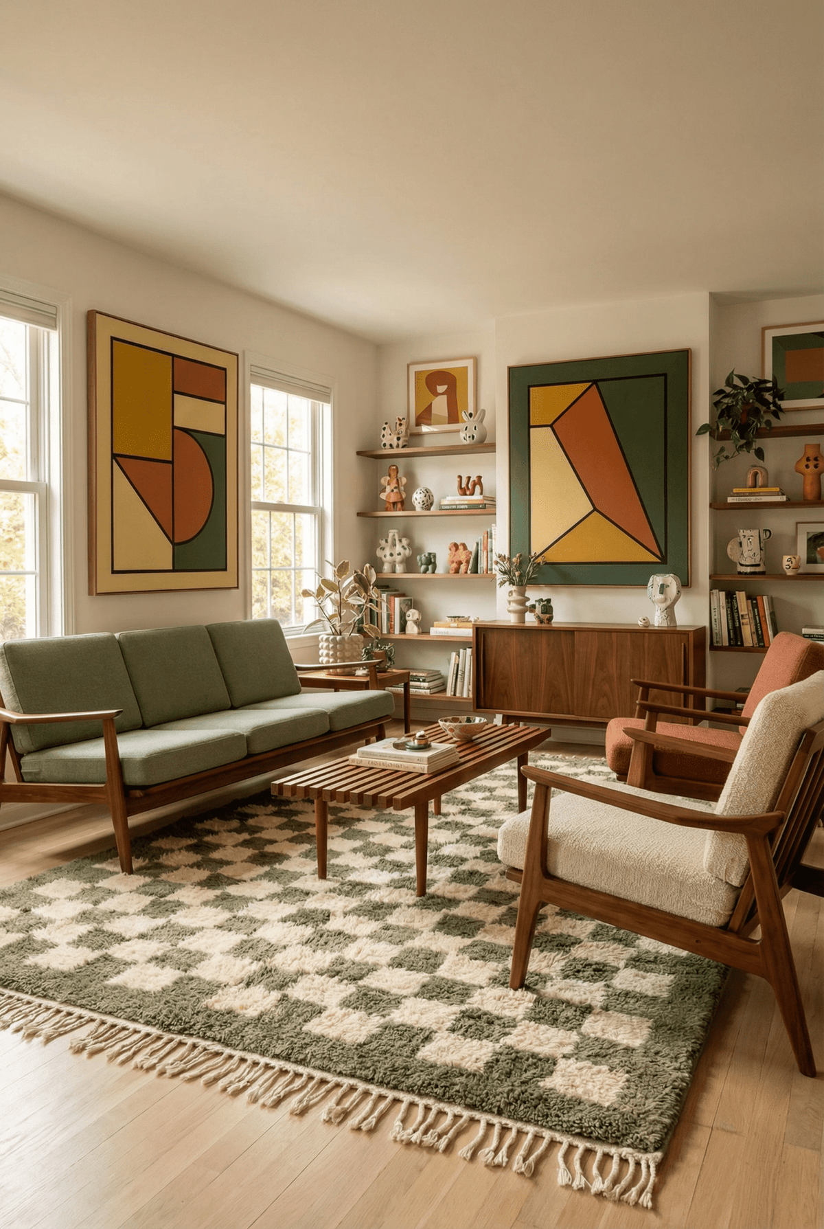 Lifestyle view of the olive green checkered rug with beige accents on a natural background.