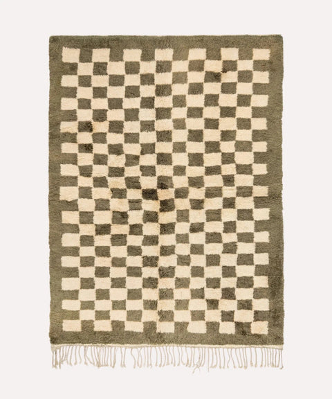 Olive & Ivory Fine Checks Dark Border Custom Moroccan Rug - Africancreates