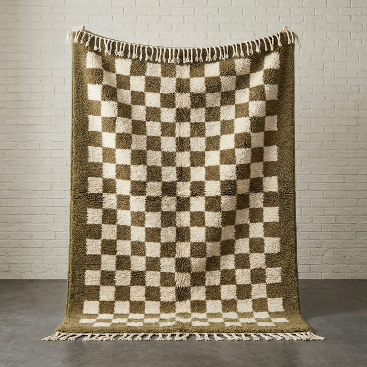 Olive & Ivory Fine Checks Dark Border Custom Moroccan Rug - Africancreates