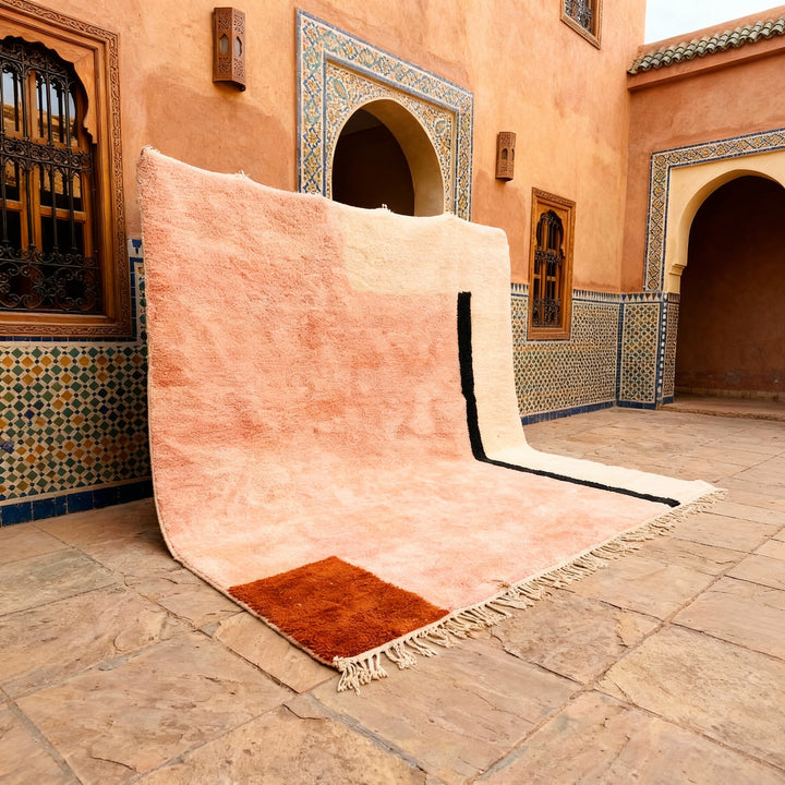Peach Field Rust Corner Black L Custom Moroccan Rug - Africancreates