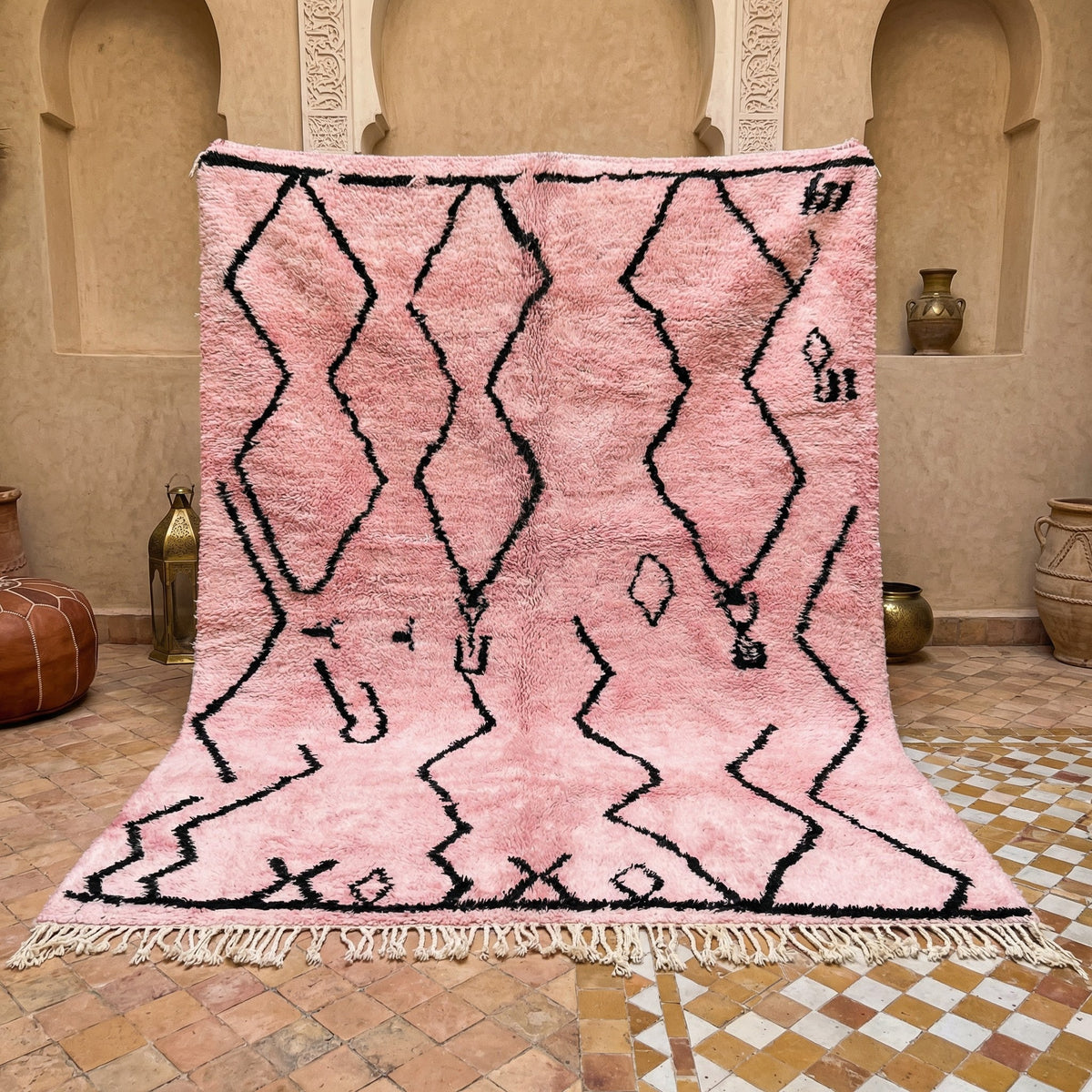 Pink & Black Broken Diamonds And Symbols Custom Moroccan Rug - Africancreates
