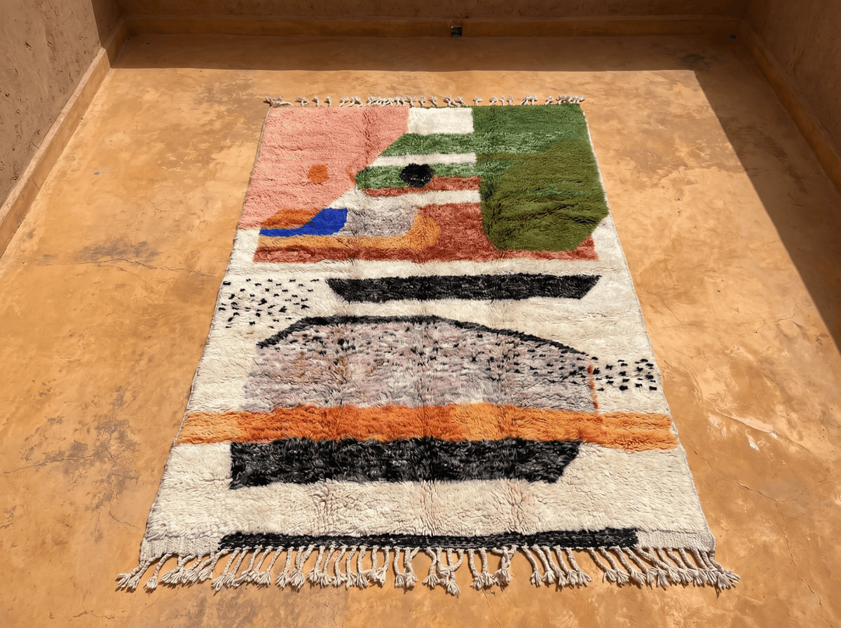 Top view of a colorful Moroccan rug showcasing pink, green, orange, and black geometric patterns.