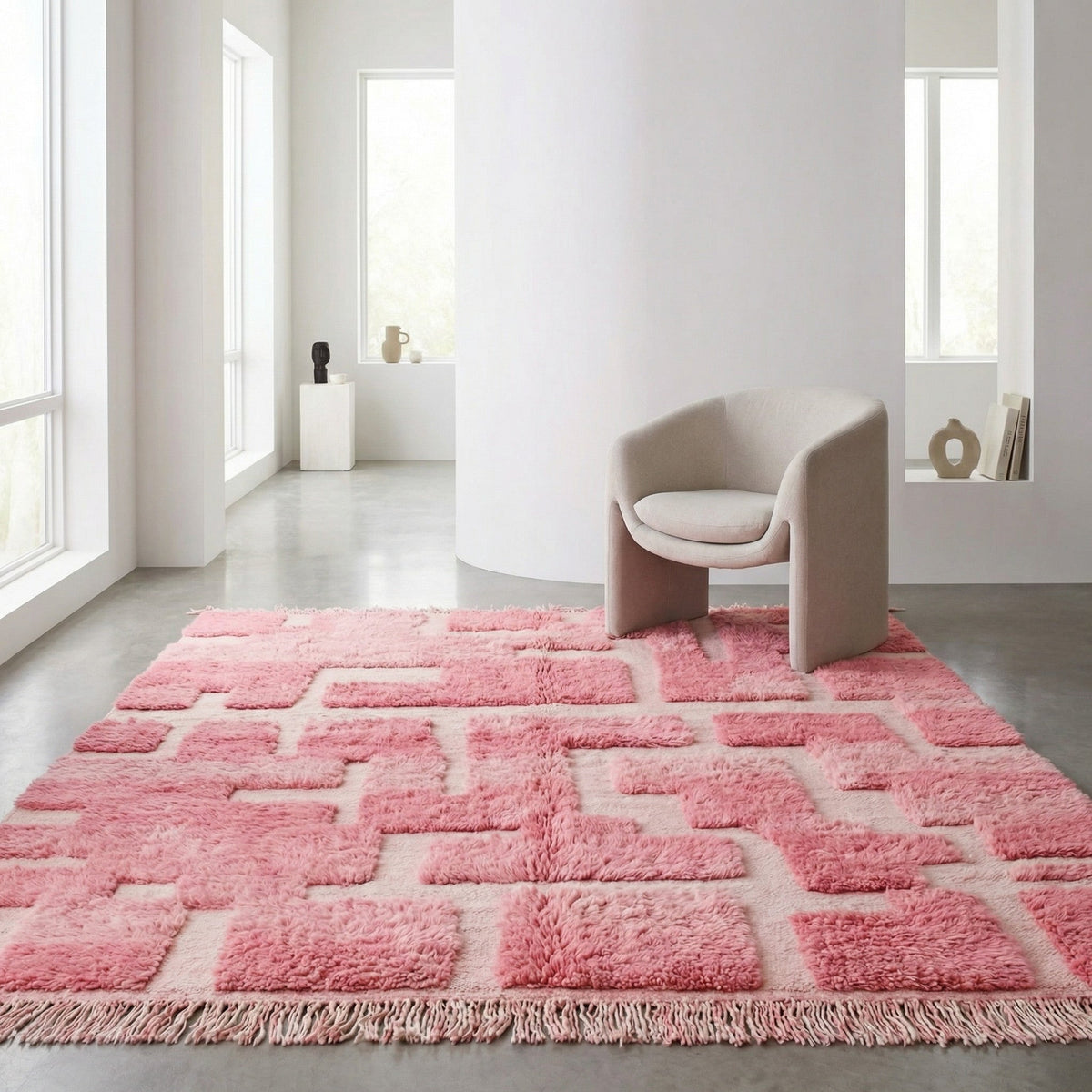 Pink & Ivory Rectilinear Paths Custom Moroccan Rug - Africancreates
