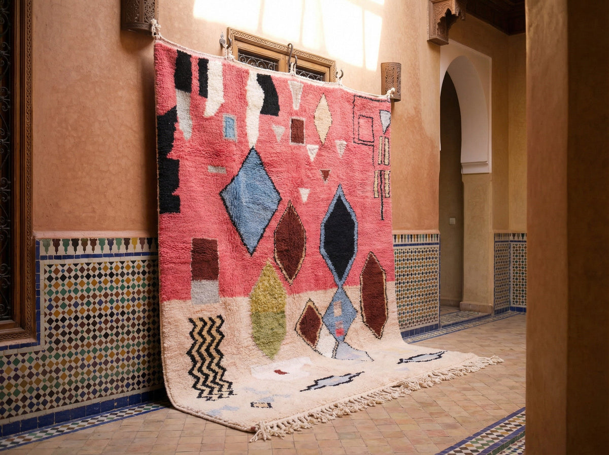 Pink & Multicolor Large Diamond Symbols Custom Moroccan Rug - Africancreates