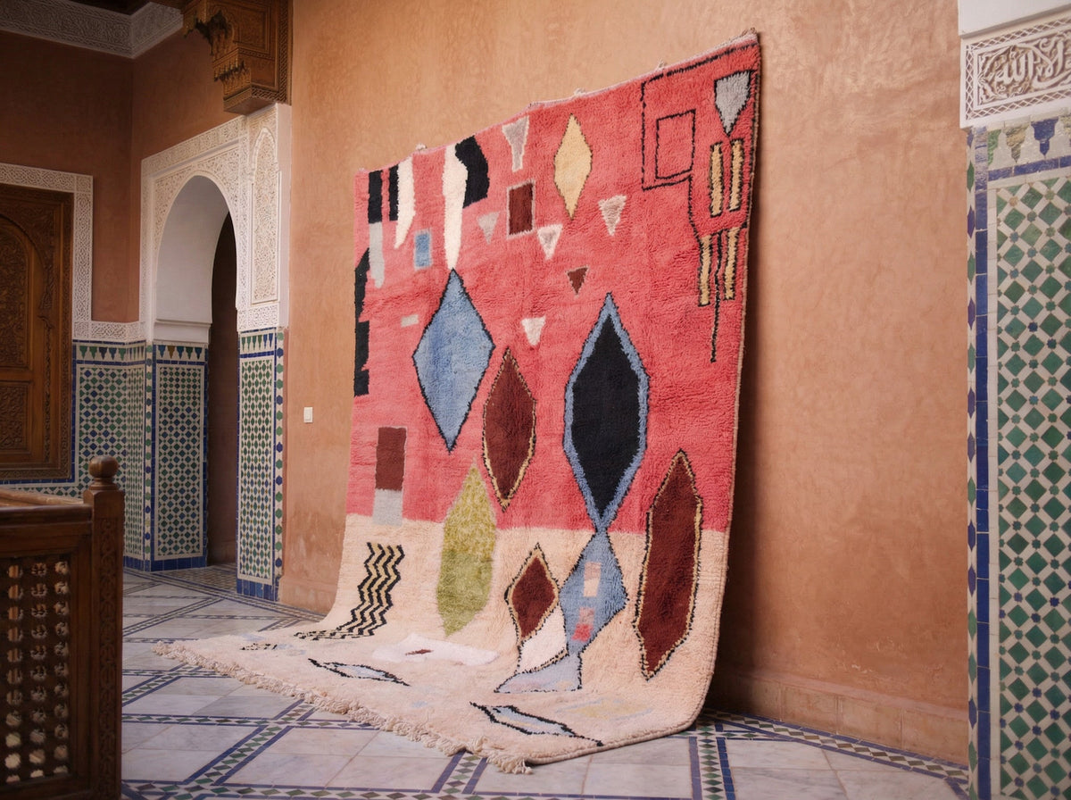 Pink & Multicolor Large Diamond Symbols Custom Moroccan Rug - Africancreates