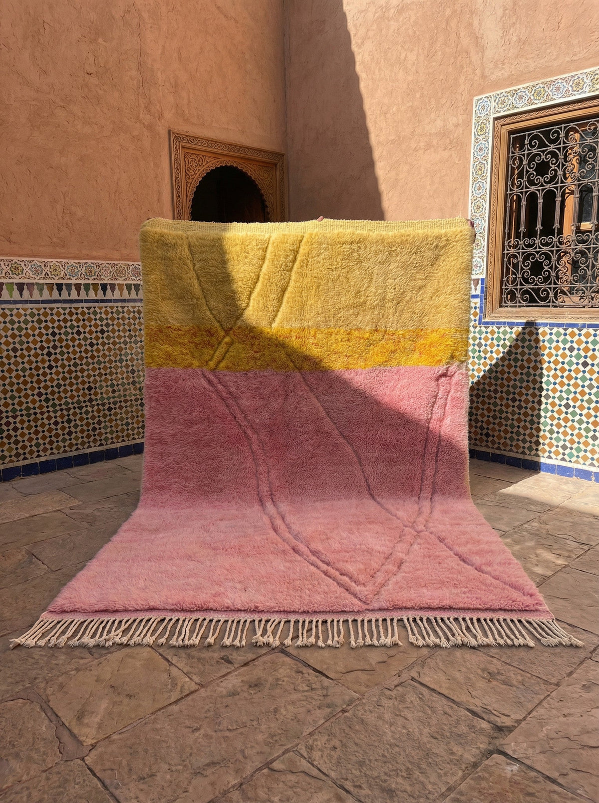 Pink & Mustard Diagonal Color Blocks Custom Moroccan Rug - Africancreates