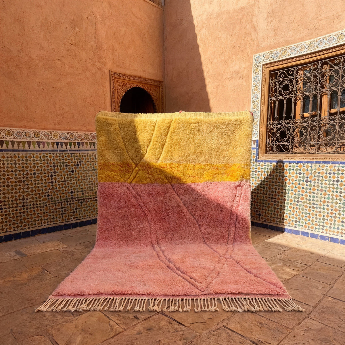 Pink & Mustard Diagonal Color Blocks Custom Moroccan Rug - Africancreates
