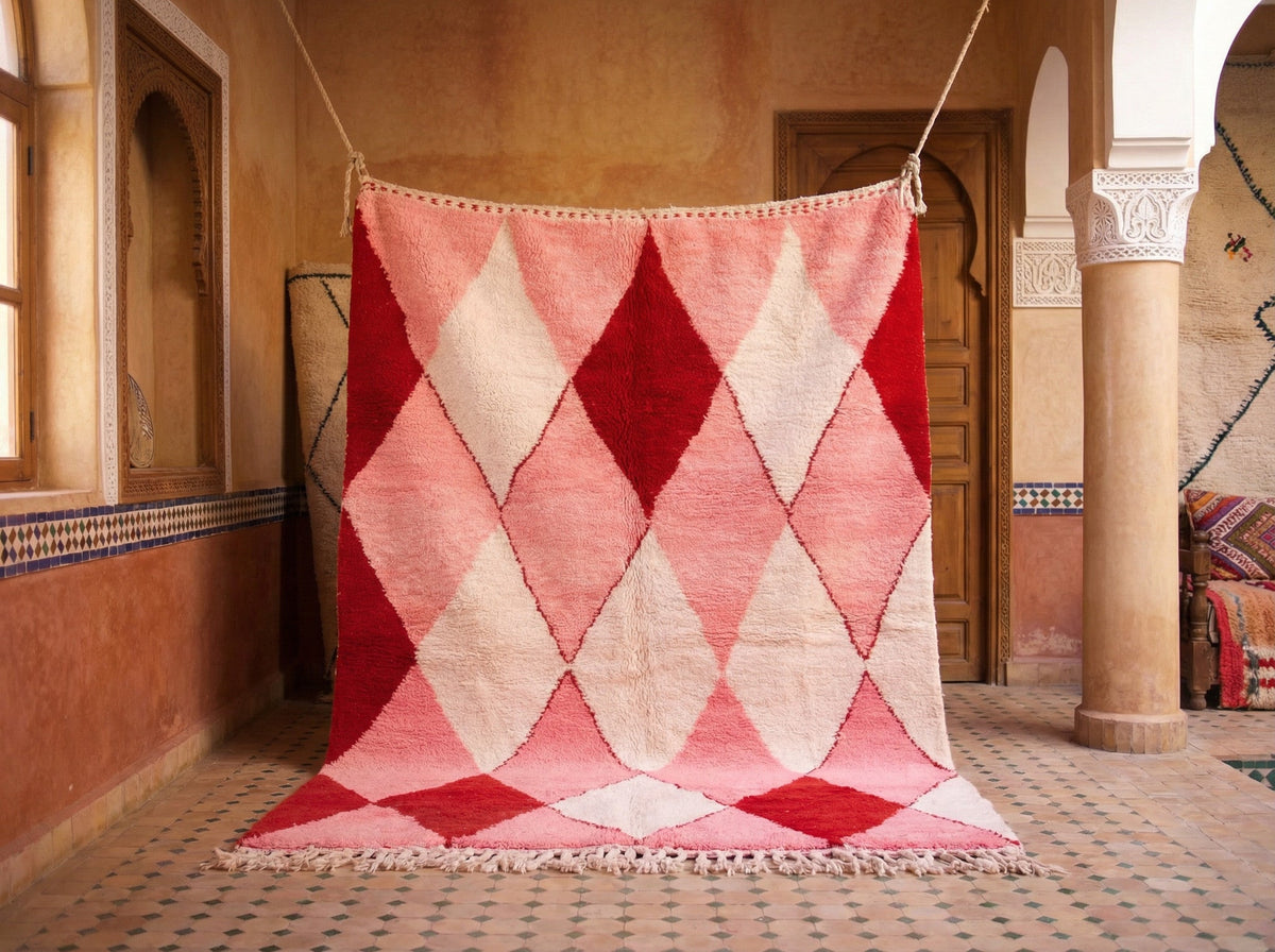 Pink, Red & Ivory Large Harlequin Diamonds Custom Moroccan Rug - Africancreates