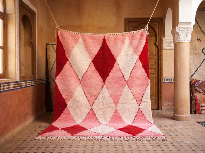 Pink, Red & Ivory Large Harlequin Diamonds Custom Moroccan Rug - Africancreates