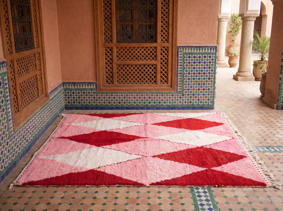 Pink, Red & Ivory Large Harlequin Diamonds Custom Moroccan Rug - Africancreates