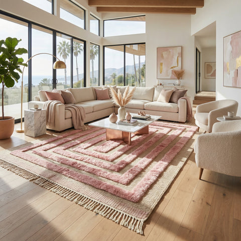 Pink Grid Wool Rug – Handmade Moroccan Berber Carpet, Tribal Floor Decor