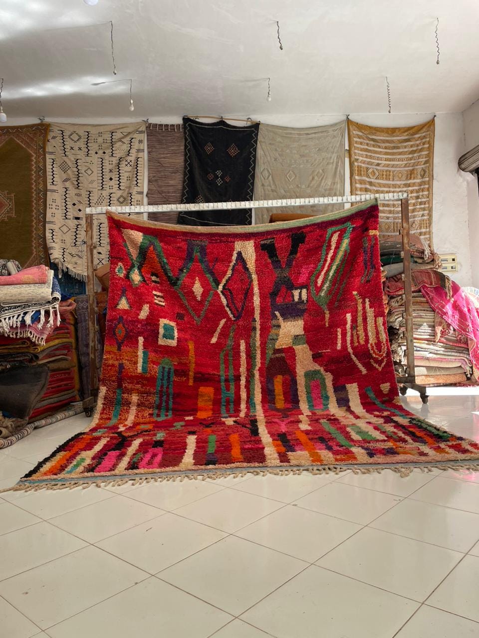 Lifestyle shot of a red vintage Moroccan rug with tribal patterns in a natural setting.