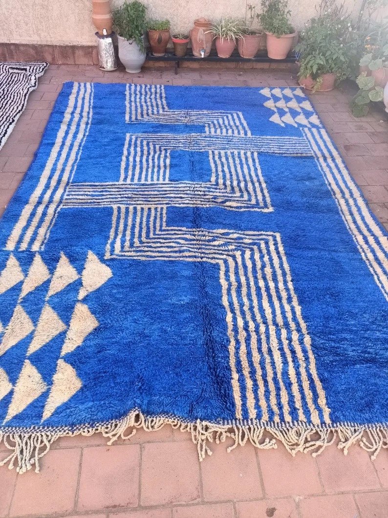 Royal Blue Fine Cream Maze With Corner Diamonds Custom Moroccan Rug - Africancreates