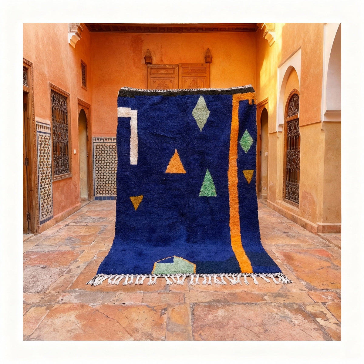 Royal Blue & Multicolor Small Shapes Orange Edge Custom Moroccan Rug - Africancreates