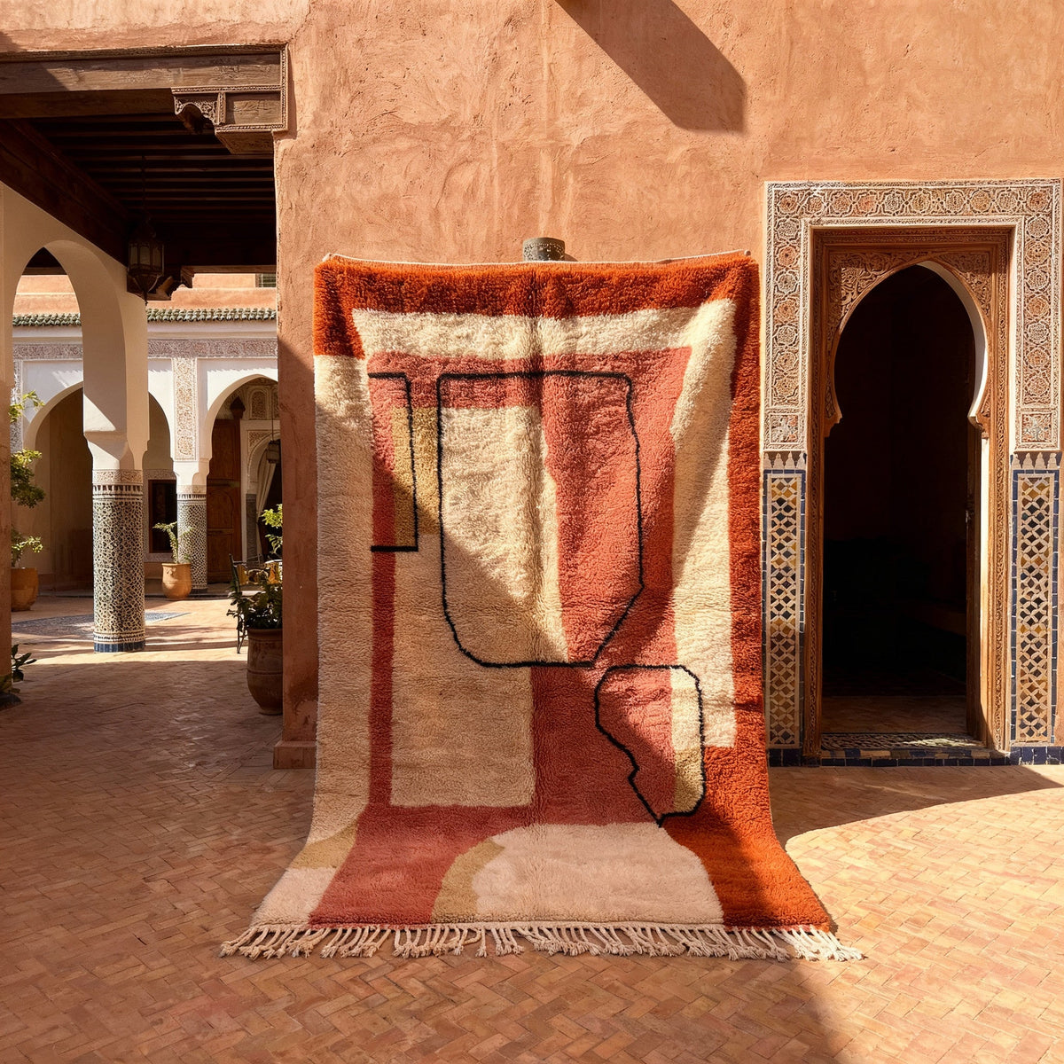 Rust & Cream Nested Frame Black Loop Custom Moroccan Rug - Africancreates