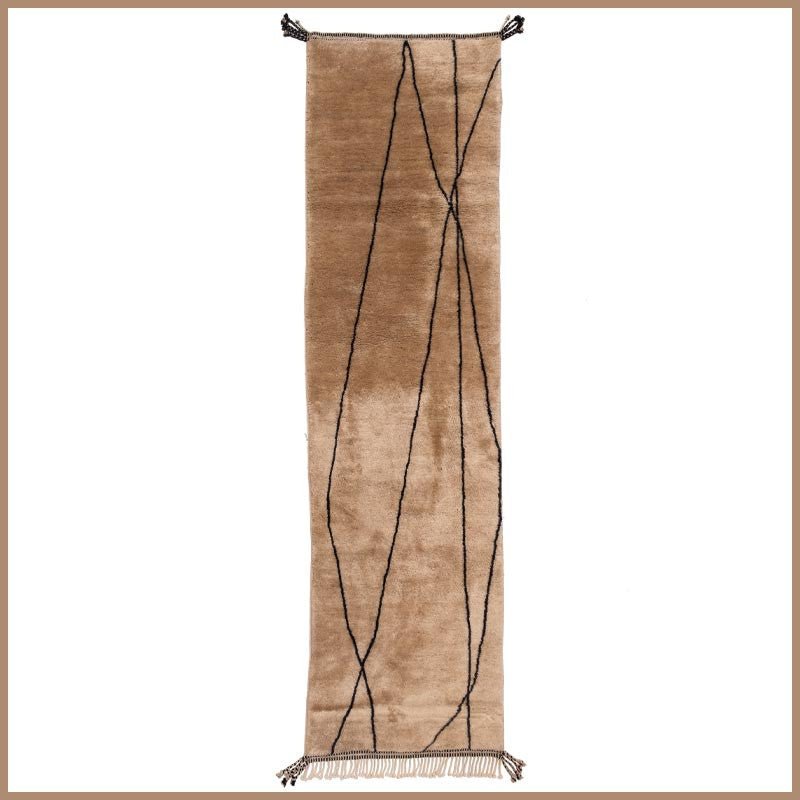 Tan & Black Elongated Crossed Lines Runner Design Custom Moroccan Rug - Africancreates