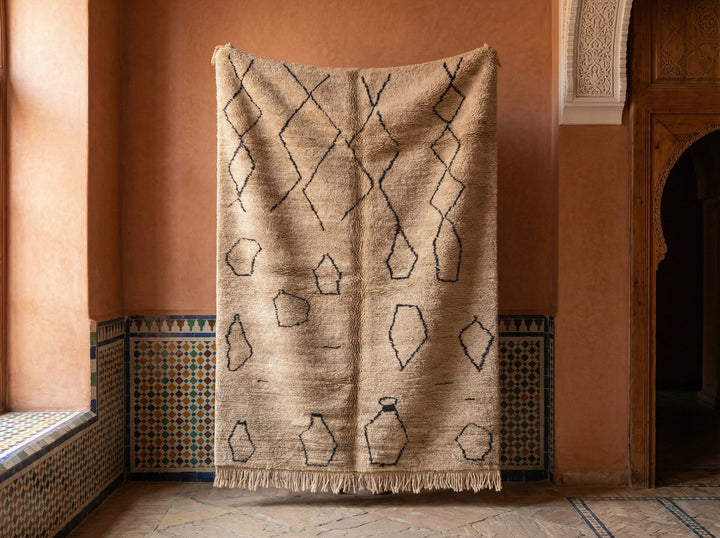 Tan & Black Loose Polygon Rows Custom Moroccan Rug - Africancreates