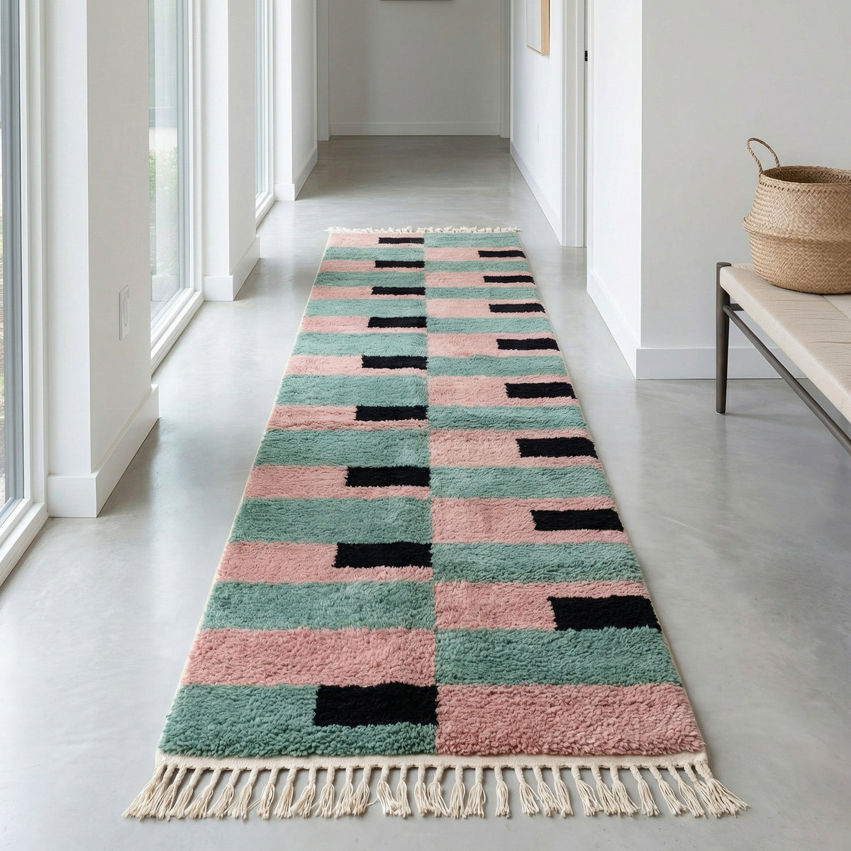Teal, Pink & Black Rectangle Runner Design Custom Moroccan Rug - Africancreates