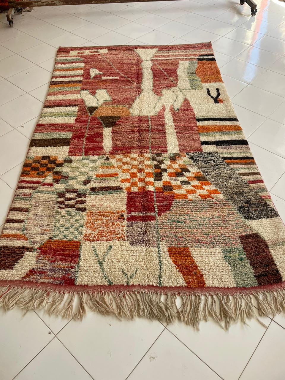 Lifestyle image of a vintage rug with fringe edges and colorful patterns in a natural setting.