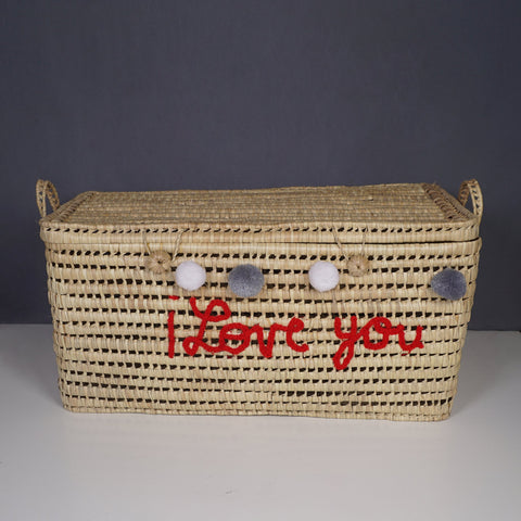 Wicker Storage Trunk - Palm Leaf Storage Chest and Basket 80 cm, i love you - Africancreates
