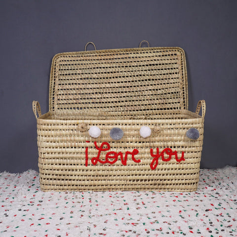 Wicker Storage Trunk - Palm Leaf Storage Chest and Basket 80 cm, i love you - Africancreates