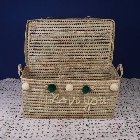 Wicker Storage Trunk - Palm Leaf Storage Chest and Basket 80 cm, i love you in white - Africancreates