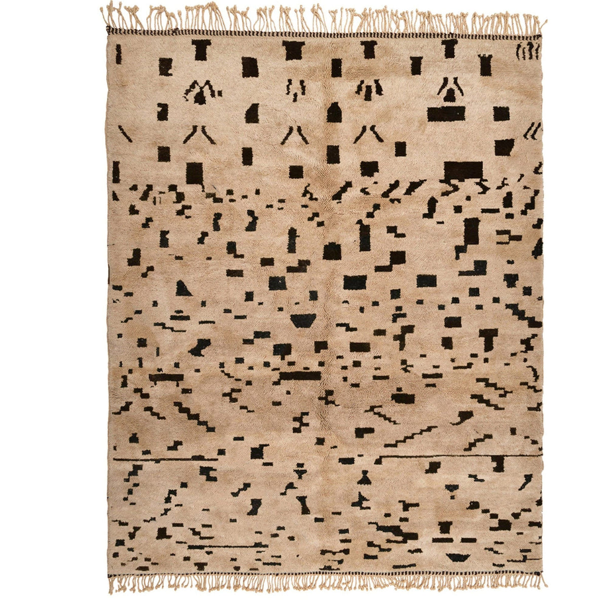Front view of the tan speckled Moroccan rug showcasing an abstract pattern and fringe edges.