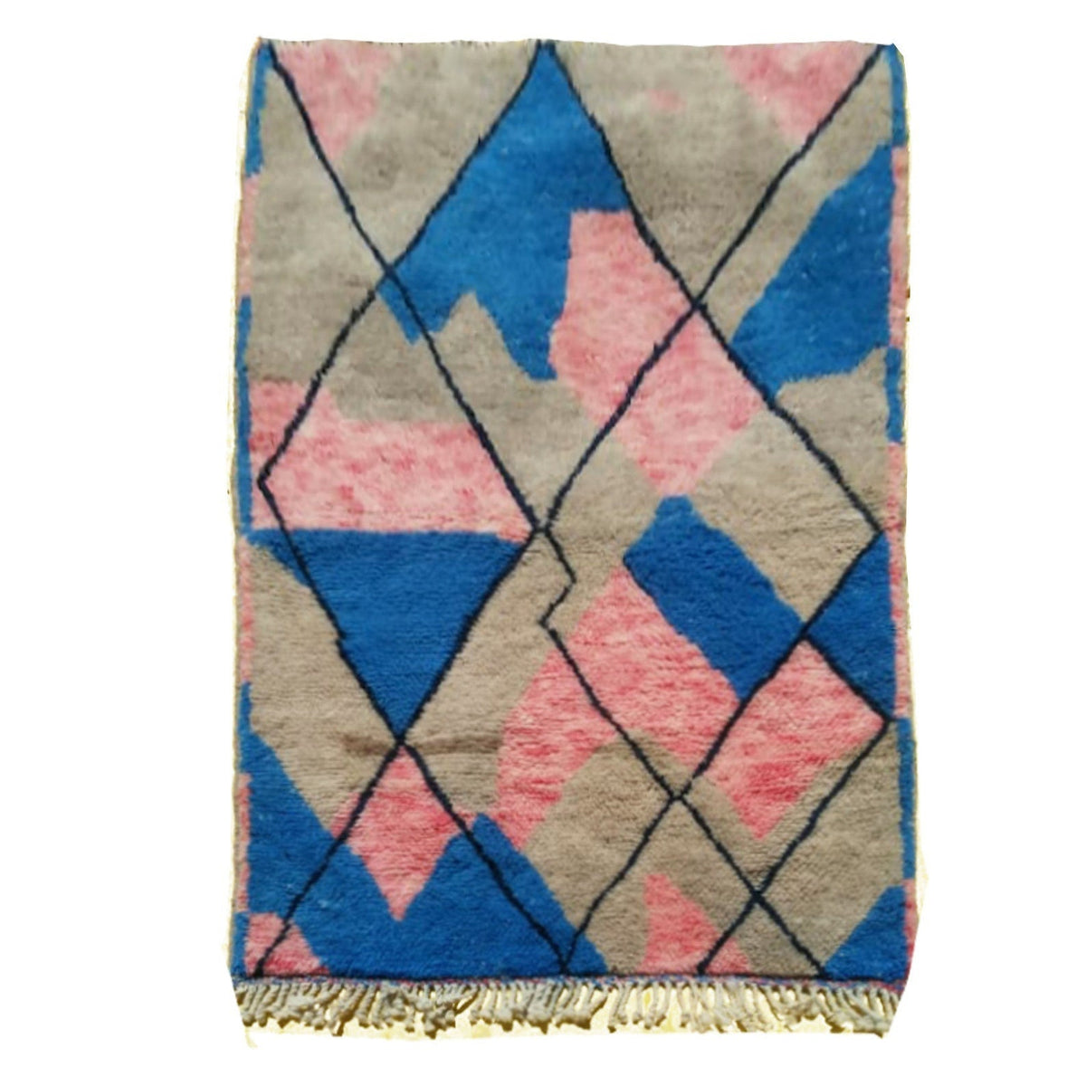 Front view of the blue and pink abstract Moroccan rug featuring a geometric pattern.