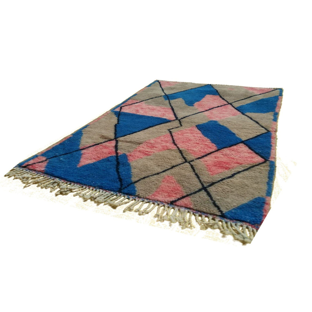 Other angle of the blue and pink abstract Moroccan rug displaying its geometric pattern and fringed edges.