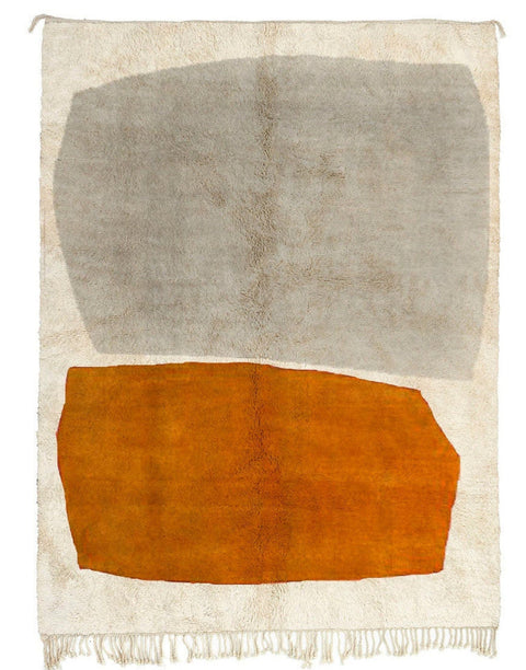 Front view of an abstract Moroccan rug with a blend of orange and cream hues.