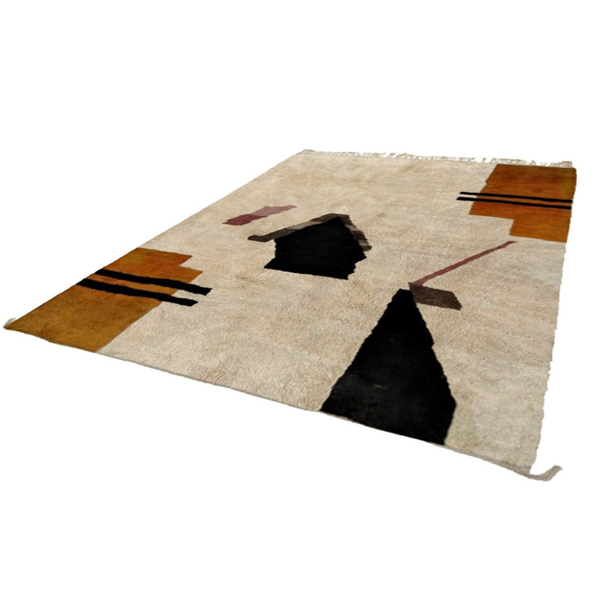 Close-up detail of the cream and black abstract Moroccan rug highlighting its geometric design.
