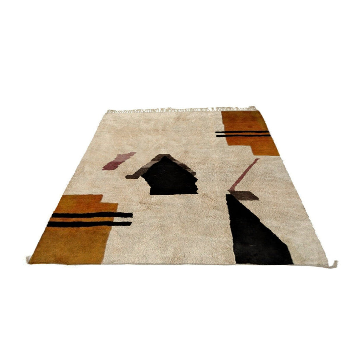 Side view of the cream and black abstract Moroccan rug displaying its geometric features.