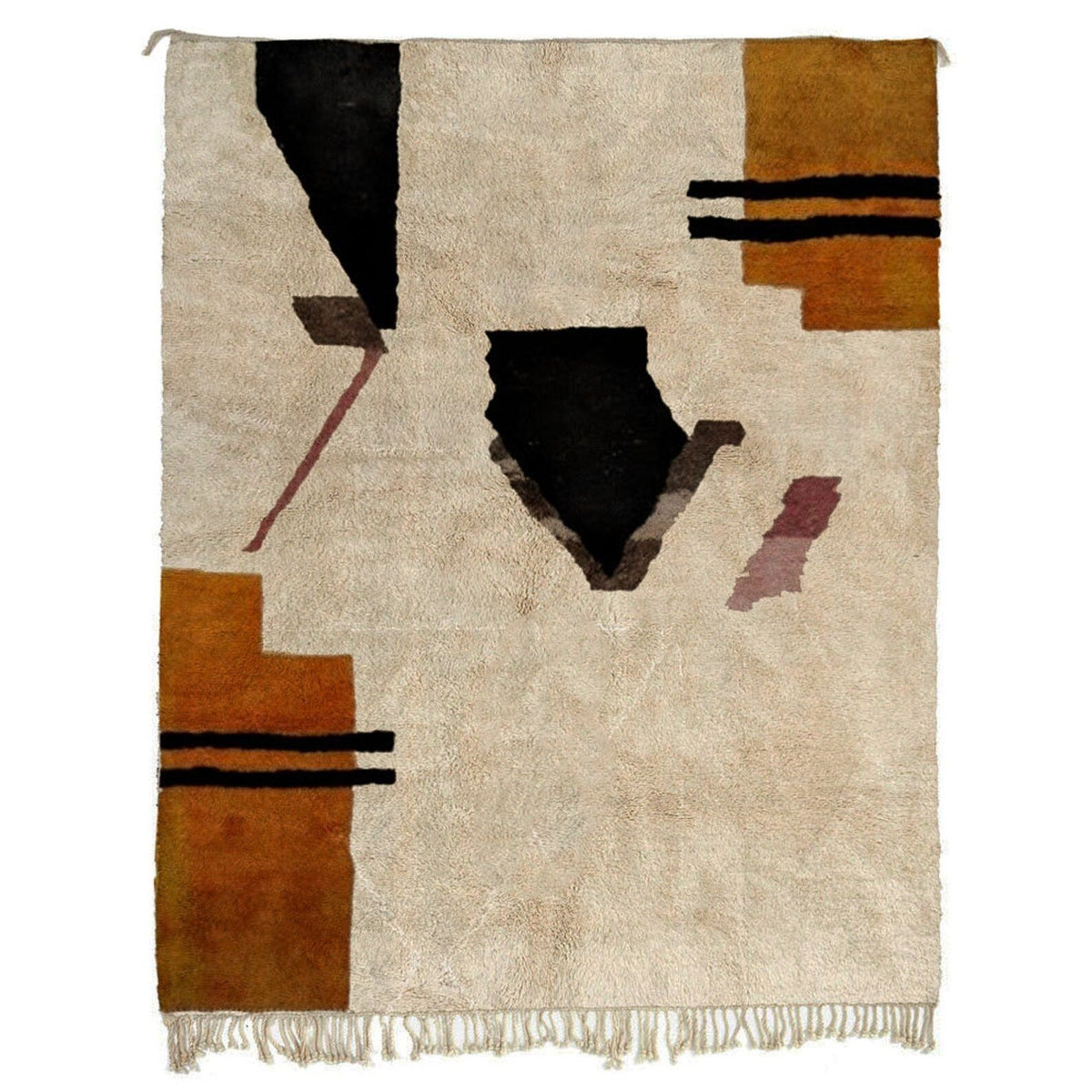 Front view of the cream and black abstract Moroccan rug featuring geometric designs.