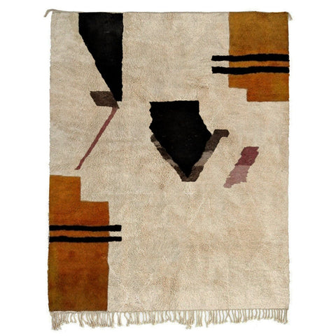 Front view of the cream and black abstract Moroccan rug featuring geometric designs.