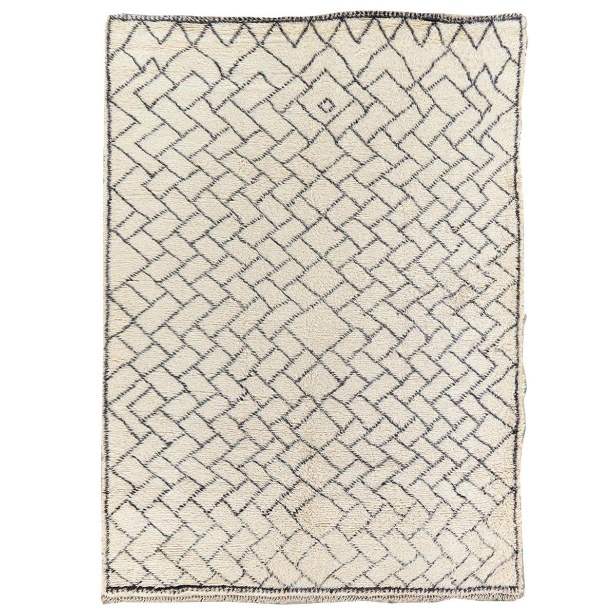 Front view of the cream minimalist Beni Ourain Moroccan rug featuring a geometric pattern in black and off-white.