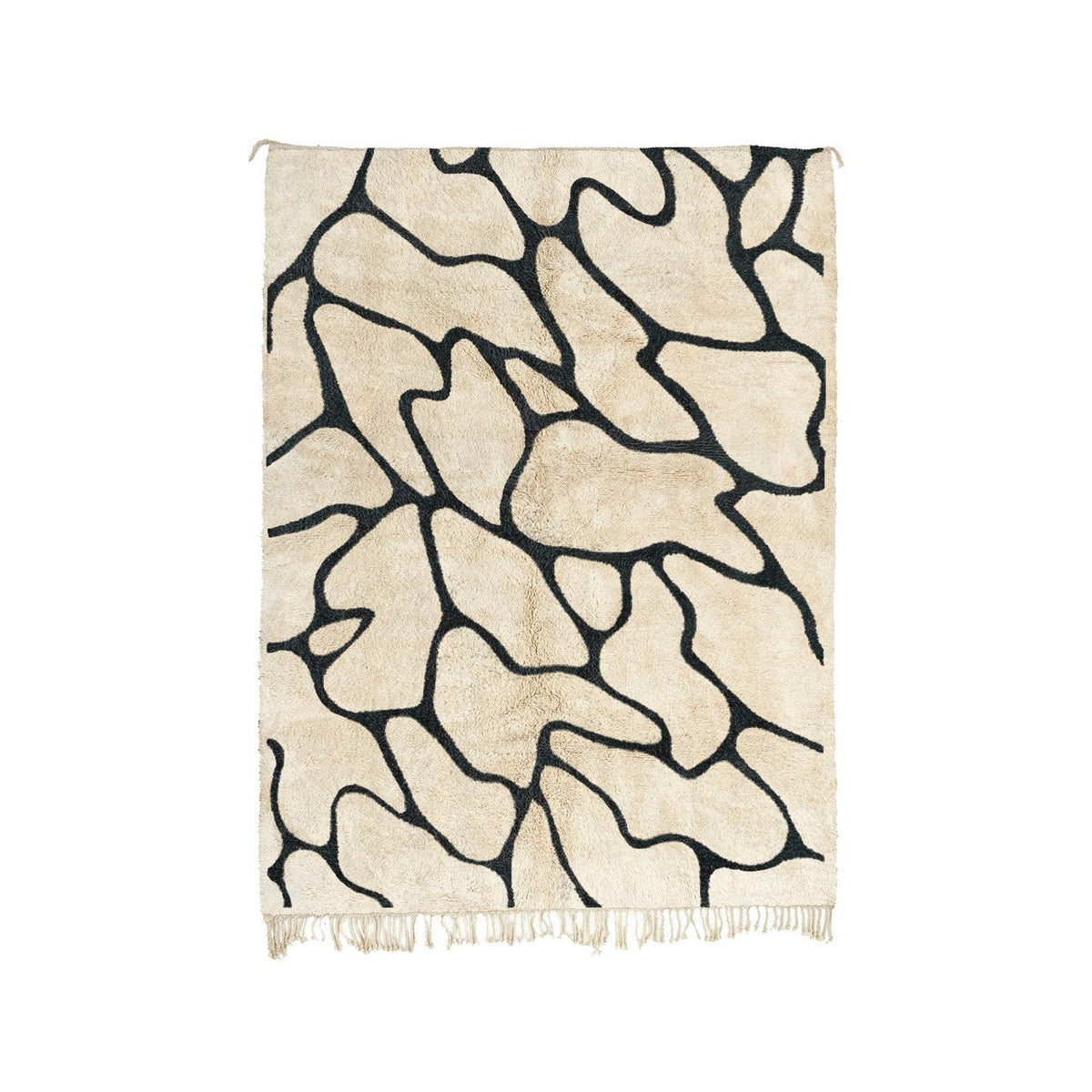 Front view of the black and off-white Beni Ourain Moroccan rug with an abstract pattern.