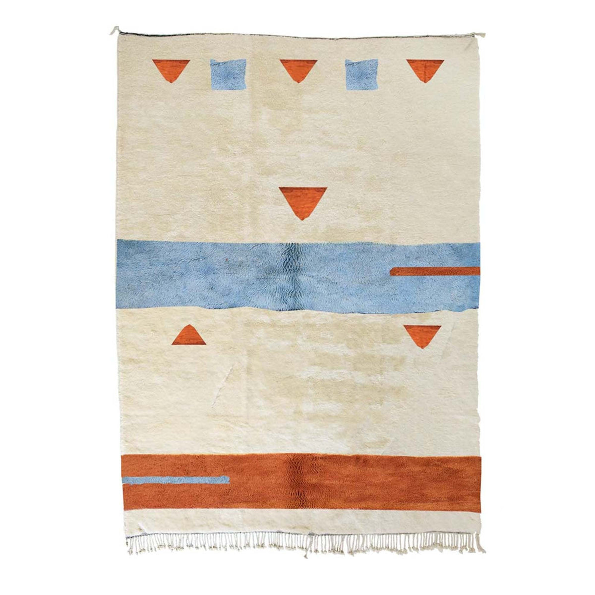 Front view of a cream, blue, and rust geometric Moroccan rug with abstract patterns.